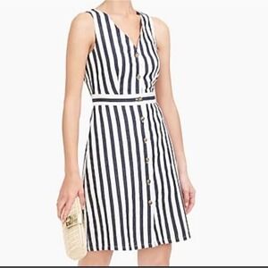 J. Crew‎ Striped V Neck Button Front A Line Dress Navy White Size 10 Linen Blend